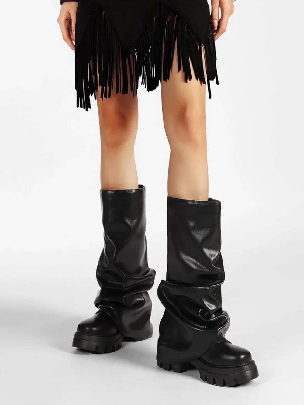 Women's Black Fold Over Boots Slouchy Boots Wide Calf Pleated Platform Boots - Picture 6 of 6